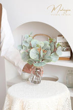 Muhanjia Artificial Eucalyptus Stems in Glass Vase with Faux Water,5Pcs Fake Plant with Double-Sided Leaves and Green Seeds for Centerpiece (Double-Sided Green Eucalyptus with Seed)