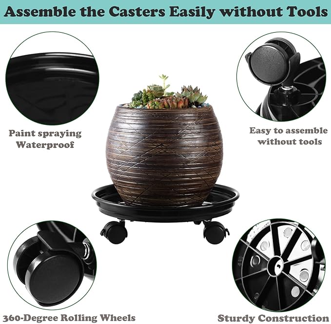 8 Packs Plastic Plant Caddy with Wheels 12” Heavy-Duty Rolling Plant Stand with Wheels Plant Dolly with Casters for Indoor and Outdoor Plant Roller Base Plant Saucer Mover, Black