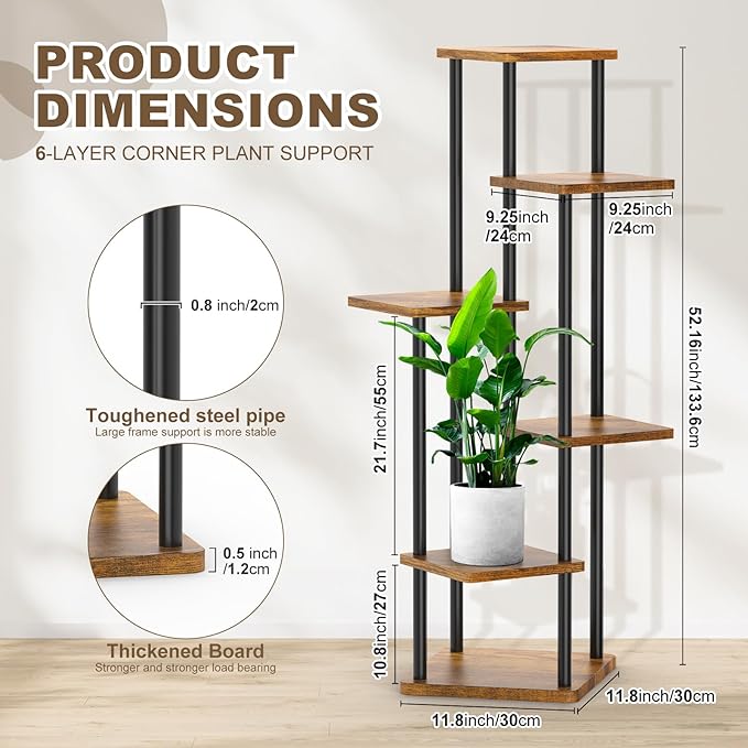 6 Tier Plant Stand Indoor, Thickened Metal Wood Corner Plant Shelf Stands for Multiple Plants, Indoor Tall Plants Stand Tiered Flower Holder for Living Room Patio Garden Balcony(Black+Brown)