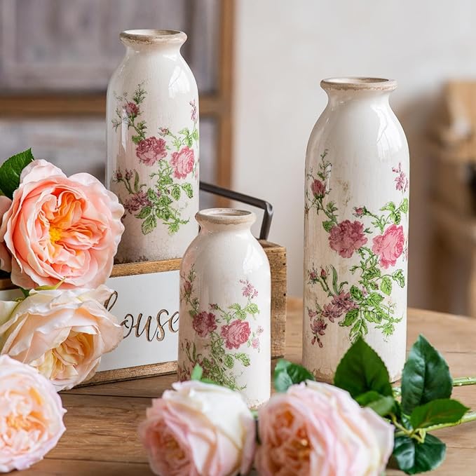Vintage Vase Set of 3, Ceramic Vintage Flower Vases, Decorative Home Decor Retro Floral Vase Rustic Farmhouse Decor for Table Bookshelf Mantel Kitchen Living Room Office - Pink Flower