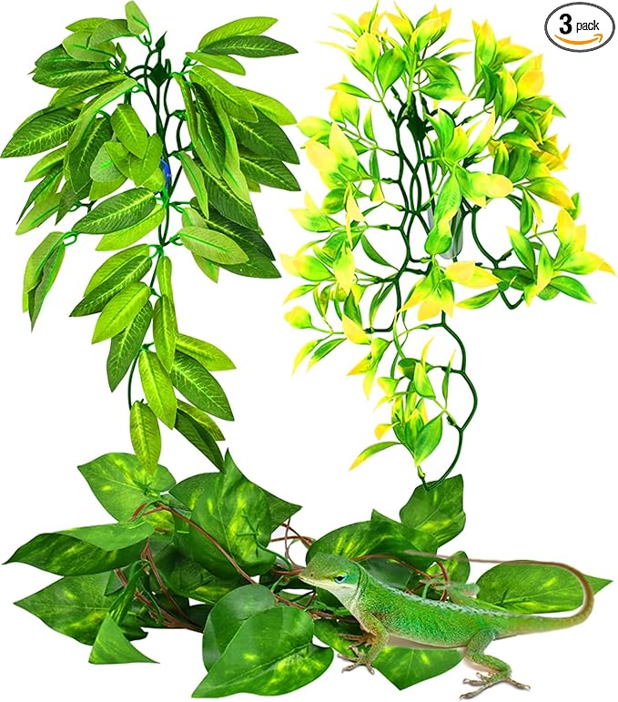 KATUMO Reptile Plants, 3 PCS Amphibian Hanging Plants with Suction Cup for Lizards, Geckos, Bearded Dragons, Snake, Hermit Crab Tank Pets Habitat Decorations