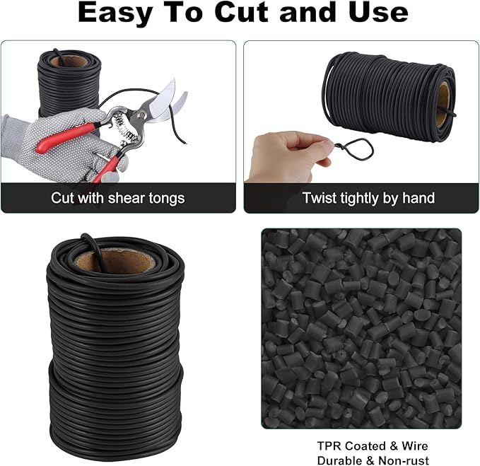 TELENT OUTDOORS 101 Feet Black Plant Twist Ties, Soft Plant ties for Vine Support, 3mm TPR Flexible Garden Tie for Plants Gardening Office Home Use