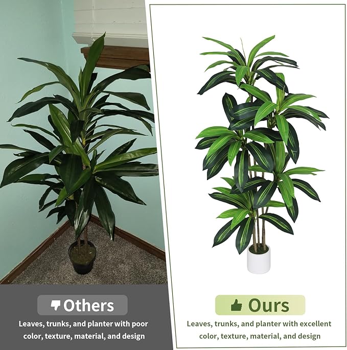 Artificial Dracaena Tree 5FT - Fake Plants Tree with White Planter - Faux Yucca Tree Tall with Lifelike Trunk and Leaves in Pot - Dracaena Artificial Plant for Home Office Living Room Decor
