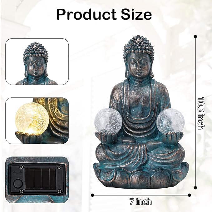 Afirst 10.5'' Meditating Buddha Garden Statues Solar Buddha Sculpture Decor with Glass Balls Zen Meditation for Home Garden Yard Patio Indoor Outdoor Ornaments Gifts for Mom