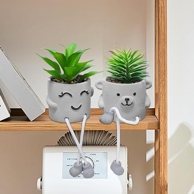 Zerzsy Fake Desk Plants in Cement Pots, Faux Plant Succulents Shelf Decorations, Funny Artificial Succulent Plants for Office Desk Decor, Cubicle Accessories - Set of 2