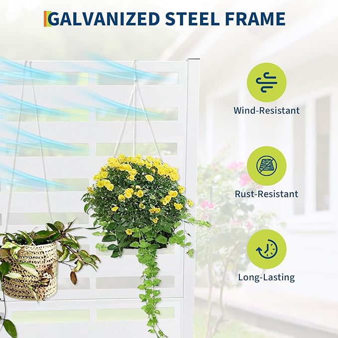 Metal Raised Garden Bed with Trellis & Privacy Screen, 71.5"x47"x16" Galvanized Metal Planter Box with Wheels & Drainage Holes for Patio Balcony Climbing Plants Flowers Vegetable, White