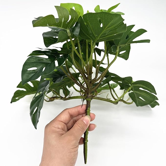 Artificial Monstera Plants, Fake Tropical Palm Small Potted Faux Hanging Greenery Mini Plants for Indoor Outdoor Home Office Garden Houseplants Pot Decor Wedding Party DIY Decoration - Green 2 Pack