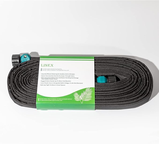 LINEX Flat Soaker Hose 150 ft for Garden Beds, Drip Hose 1/2'' x 75 ft 2 Pack Save Water 80%, Heavy Duty Irrigation Sprinkler Hose
