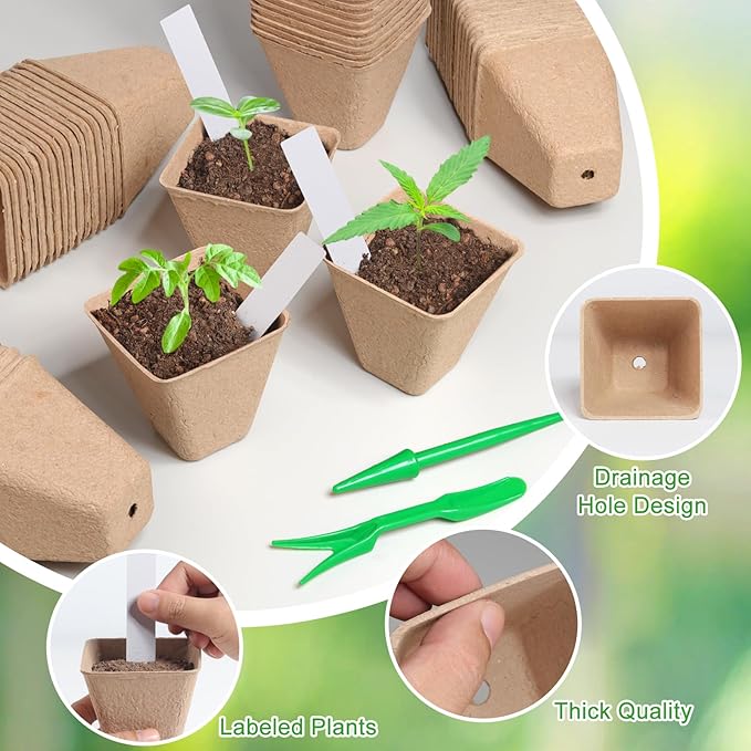 Baxrou 120 Pack 3.15 Inch Square Peat Pots for Seedlings, Seed Starting Pots with Drainage Holes Nursery Pot, Herb Seed Starter Pot Kits wit 30 Plant Labels, 2 Transplant Tools.