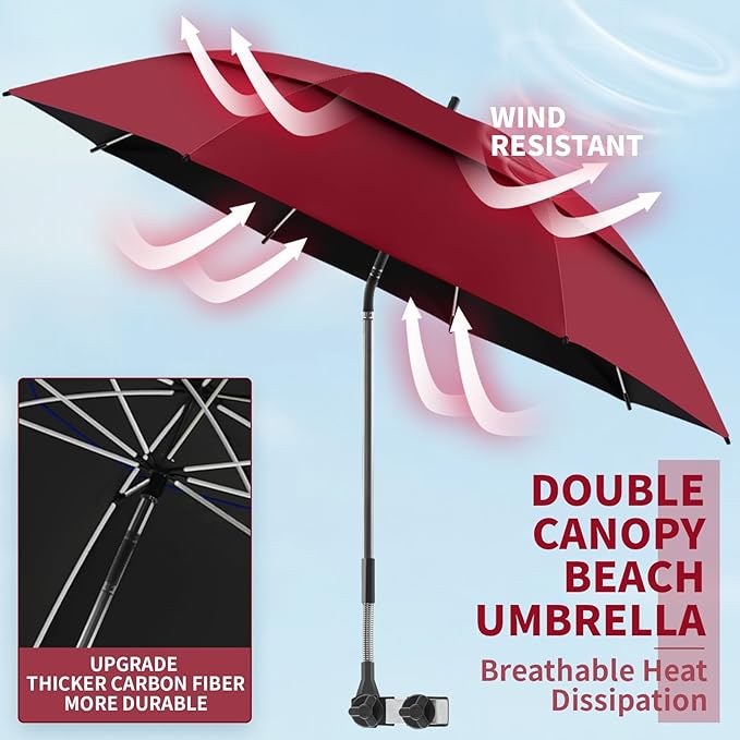 2 Pack 48.6" Double Canopy Umbrella with Clamp, UPF50+ Beach Chair Umbrella with clip, 360°Adjustable Portable Outdoor Wheelchair, Patio, Golf Carts,Camping(Not Include Chair)
