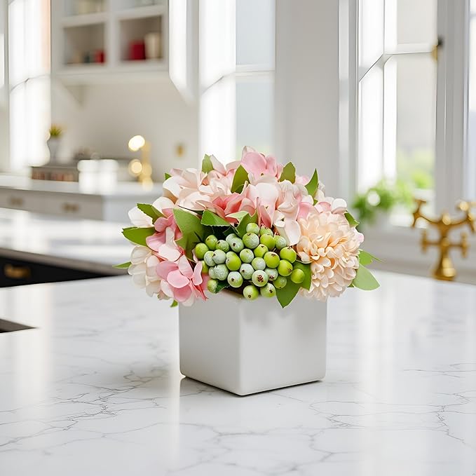 LADADA Artificial Hydrangea Flower Arrangement in Ceramic Vase and Vase Home Decoration Artificial Flower (Pink)
