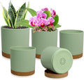 WSMKSZ 5 Pack Cylindrical Flower Pots with 7/6.5/6/5/4 inch, Modern Small Plastic Plant Pots with Drainage Holes & Saucers, Round Planter Pots for Outdoor, Indoor & Office Decor (Green Brown)