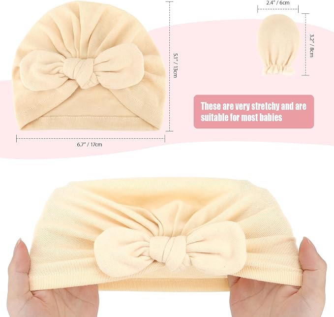 BQUBO Baby Turban Hats and Mittens Set Newborn Infant Hospital Hats Caps with Bows for Baby Boys Girls 0-12 Months