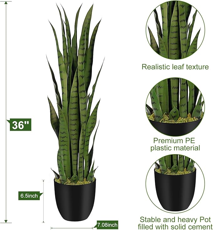 3ft Artificial Snake Plant – 36in Faux Sansevieria Plants, Fake Floor Plant for Indoor Outdoor