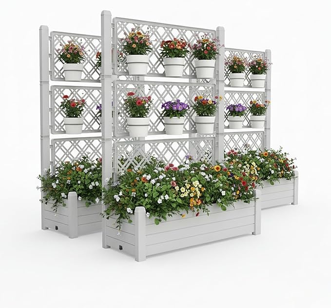 5' Tall Raised Garden Bed with Trellis, Self Watering Planter Box for Outdoor Climbing Plants Resin Garden Lattice for Vegetables, Flowers, Tomato & Vine with Drainage Holes (Ashen, 3 Pack)