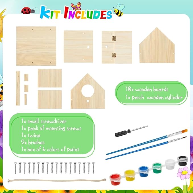 Liliful 1 Sets Wooden DIY Birdhouse Kit, Unfinished Bird Houses with Paints and Paintbrushes, Bird Feeder Craft Arts for Kids Ages 4-8, 8-12, Classroom Activity and Adults Wooden Craft Gifts