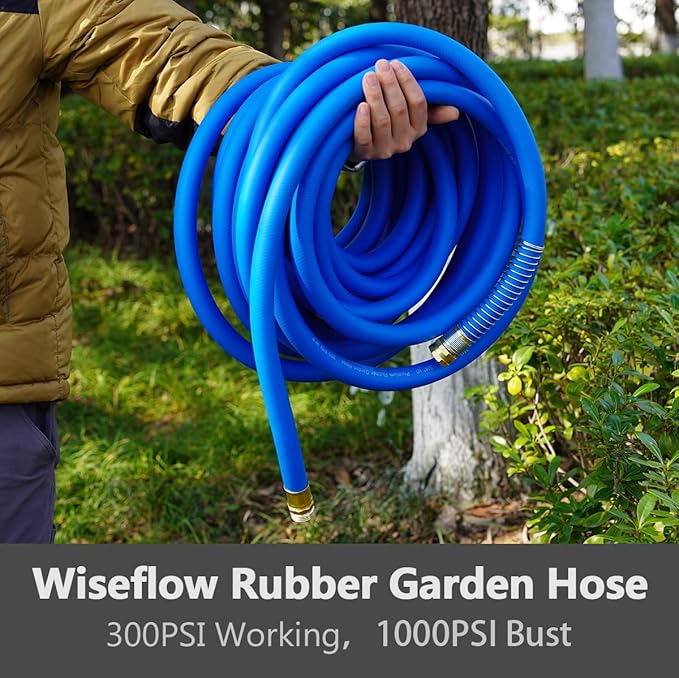 WiseFlow Garden Hose 25FT x 5/8", Heavy Duty Rubber Hose, Water Hose with Five Layered Braiding, Male Female Fittings, 1000PSI Burst, 300PSI Working (Blue)