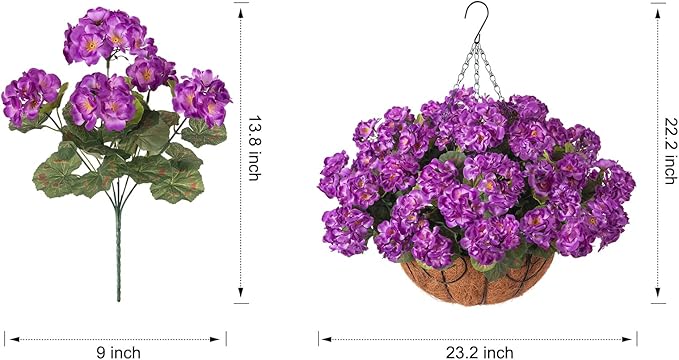 INSPRING Geraniums Artificial Flowers Hanging Basket for Outdoors Outside Spring Decoration, 8 Bundles Silk Flowers Fake Plants Look Real UV Resistant for Porch Home Patio Balcony Yard, Purple