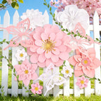 PAPER JAZZ Paper Flowers Wall Decor Gaint Flower Backdrop for Floral Theme Classroom Decoration with Butterfly and Vines Pink and White Wall Art for Bulletin Board Spring Party Garden Party