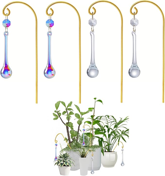 Potted Plant Trellis with Colorful Crystal Sun Catchers, 6.7 Inch Metal Plant Stakes, Fairy Stakes for Mini Potted Plant Decoration for Home Window Garden (4 Pack)
