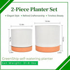 GreenShip Planter Set of 2 (13.7" & 11.8") – Cylinder Planters with Drainage Hole and Planter Saucer, Jun Porcelain Clay & Recycled Resin, Decorate Home,Office & Outdoor,White pots