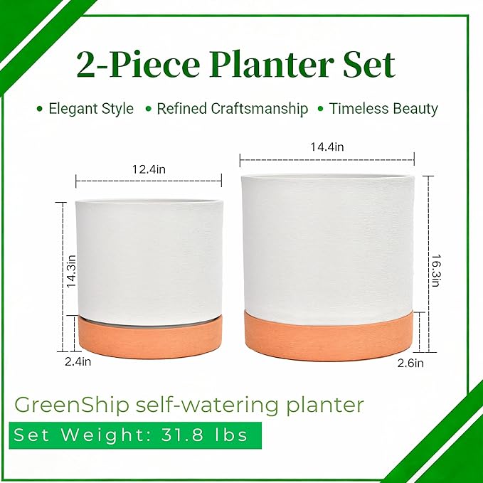 GreenShip Planter Set of 2 (13.7" & 11.8") – Cylinder Planters with Drainage Hole and Planter Saucer, Jun Porcelain Clay & Recycled Resin, Decorate Home,Office & Outdoor,White pots