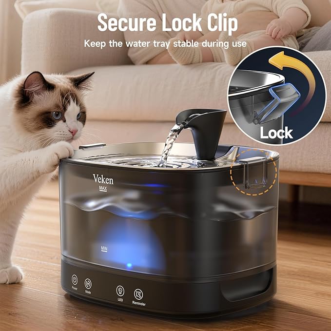 Veken Cordless Cat Water Fountain with Stainless Steel Tray & Secure Clips, 6 Filters + 6 Filter Sponges, 5200 mAh Battery Operated Pet Drinking Dispenser with LED Light, 85oz/2.5L Wireless Fountain