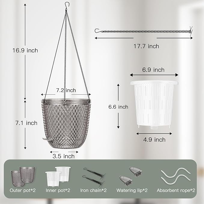 QCQHDU Self Watering Hanging Pots, 2 Pack 7.2 Inch Hanging Planters for Plants Indoor, Flower Pots with Drainage Holes and 3 Hooks Chains for Garden Home (Gray)