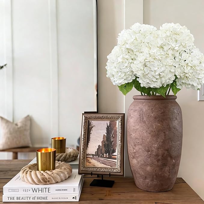 Coferset 4Pcs White Hydrangea Artificial Flowers Lifelike Faux Hydrangea Real Touch Artificial Flowers for Outdoors Home Wedding Christmas Office Party Living Room Decoration,22inch