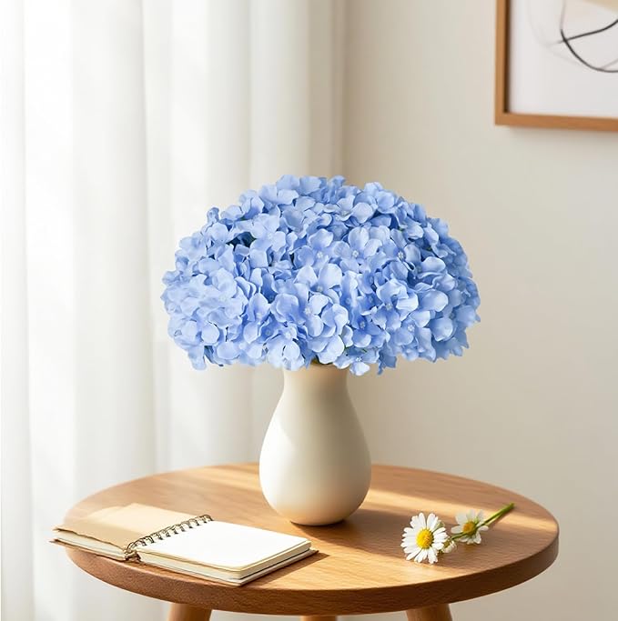 65Pcs Blue Hydrangea Artificial Flowers Bulk，Realistic Silk Fake Flowers with Stems，Faux Hydrangea Flowers for Wedding Home Decor Centerpieces Living Room Garden Party Baby Shower Decoration