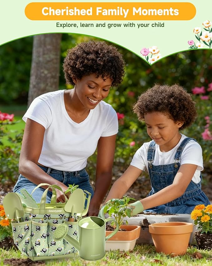 Handmade Kids Gardening Tools Set - 8Pc Artisan Garden Kit with Real Wood Handles, Metal Heads, Frog Hat, Panda Apron & Tote - Nature Learning Gift for Toddlers & Kids (Sage Green)
