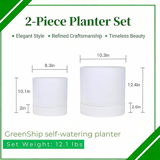 GreenShip Planter Set of 2 (9.8" & 7.8") – Cylinder Planters with Drainage Hole and Planter Saucer, Jun Porcelain Clay & Recycled Resin, Decorate Home,Office & Outdoor,White pots