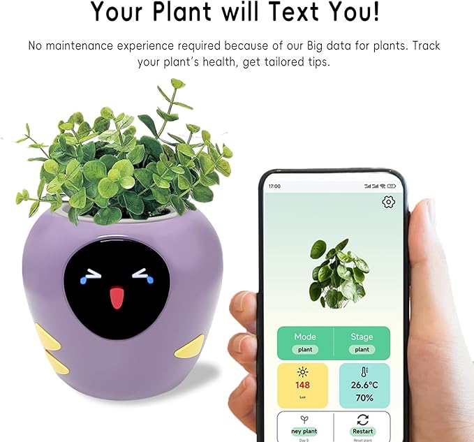 Smart Plant Pot with Expression, AI Intelligent Flower Pot for Indoor Decoration, Smart Garden Pot with Water/Light/Temperature Sensors, Ivy AI Planter (Purple（Big）)