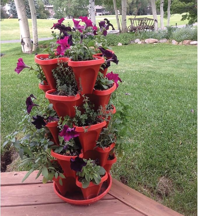 Vertical Garden Planter Stackable Tiered System 4 Plants per Pot, Space Saving Herb, Strawberry & Food Crop Planter with Center Support Hole for Indoor Outdoor Gardening (36, Terracotta, Small)