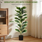 Set of 2 Fiddle Leaf Fig Tree 40'' Fake Tree Plants Artificial Decor with Green Artificial Turf Artificial Indoor Plants Small Fake Plants for Office Bathroom Bedroom Living Room(Variegated)