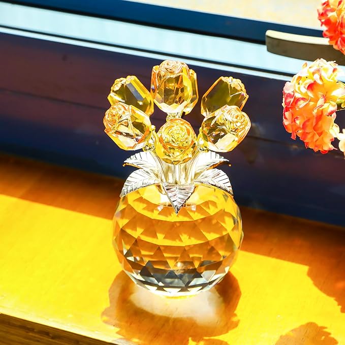 YWHL Handmade Crystal Yellow Rose Flower Figurine With Round Vase, Romantic Gifts for Wife Mom on Anniversary Birthday Mother's Day, Glass Flower for Sister Friends, Wedding Home Decorations