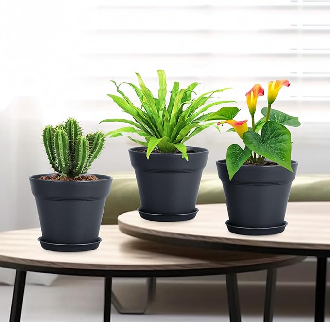 Meowell 4 inch Small Plastic Nursery Pots, 16 Pack Plant Pots for Indoor Outdoor Plants, Flower Pots with Drainage Holes and Saucers, Decorative Seedling Starter Planters for House Plants, Black