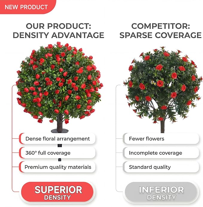 Dense Red Rose Artificial Topiary Ball Trees 24 Inch, Set of 2 Fake Plants with Ground Spike, UV Resistant No Fade Outdoor Faux Shrubs for Spring Garden, Patio, Porch, Yard, Indoor Decor
