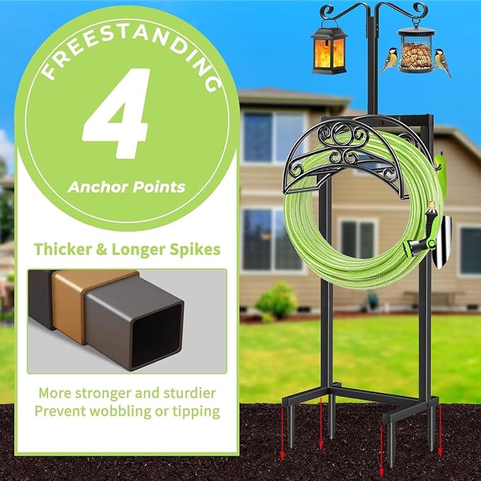 TomCare Garden Hose Holder Upgraded Water Hose Holder Heavy Duty 4 Spikes Hose Hanger Holds 160 Feet Hoses Stable Freestanding Hose Storage Organizer for Outside Yard