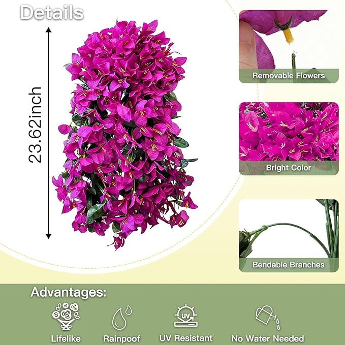 Artificial Flowers for Outdoors Fake Fuchsia Bougainvillea Hanging Flower Decoration, 2Pcs Realistic Faux Silk Plants Long Trailing Vines, Spring Decor for Porch Patio Balcony Planter Yard