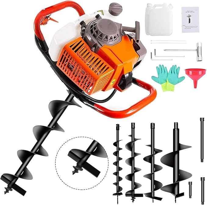 62cc Post Hole Digger 2-Stroke Petrol Gas Powered Earth Digger with 4 Auger Drill Bits (4" 6" 8" & 12") + 3 Extension Rods（8" 12" & 20"） for Farm Garden Plant