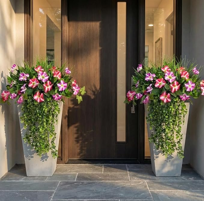 Waipfaru Artificial Plants & Flowers, UV Resistant Fake Plants Artificial Flowers Outdoors, Realistic Faux Petunias Fake Hanging Plants for Home Outside Garden Balcony (10 Bundle Fuchsia Lotus)