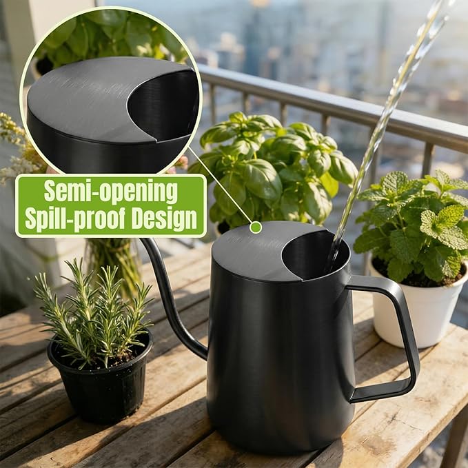 34oz/1000ml Watering Can Indoor Plants with Long Spout, Plant Watering Can for Ergonomic Handle, Rust-Resistant & Durable 304 Stainless Steel, Office & Home (Black)