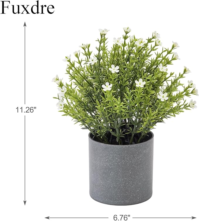 2 Pack Small Desk Plants, Artificial Bathroom Plants Decor with Thyme Flower in Vintage Melamine Pots, Faux Plants Indoor for Shelf Decor in Home Office, and Spring Decor (Ivory)