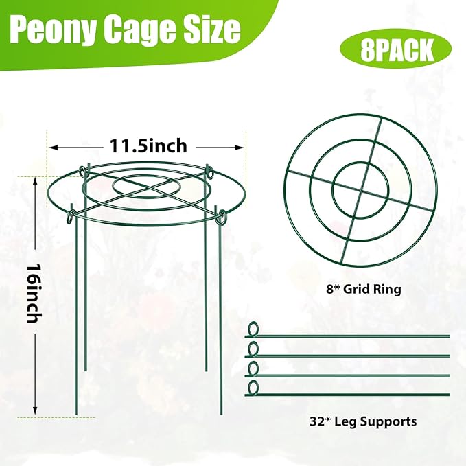 8 Pack Peony Cages and Supports, 11.5" Dx16 H Plant Supports for Outdoor Plants, Heavy Duty Metal Peony Support Cage Flower Support Rings, Plant Support Ring for Rose Tomato Hydrangea Strawberry