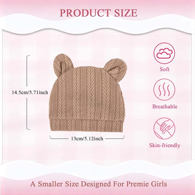 4 Pack Newborn Girl Hats and No Scratch Mittens Set 0-3 Months | 3D Bear Ear Baby Beanies for Newborn Girls Soft Cotton Infant Hat Mitten Pack (White Pink Khaki Brown)
