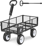 VEVOR 900 LBS Steel Garden Cart, 2 in 1 Handle, Heavy Duty Pullable Garden Wagon with 10" Flat-Free Tires, Outdoor Utility Yard Wagon Cart with Detachable Side Panels, Attach to ATV or Tractor