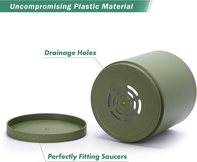 D'vine Dev 12 Inch Plastic Planter Pots for Plant Pot with Drainage Hole and Seamless Saucers, Olive, 74-X-I-3