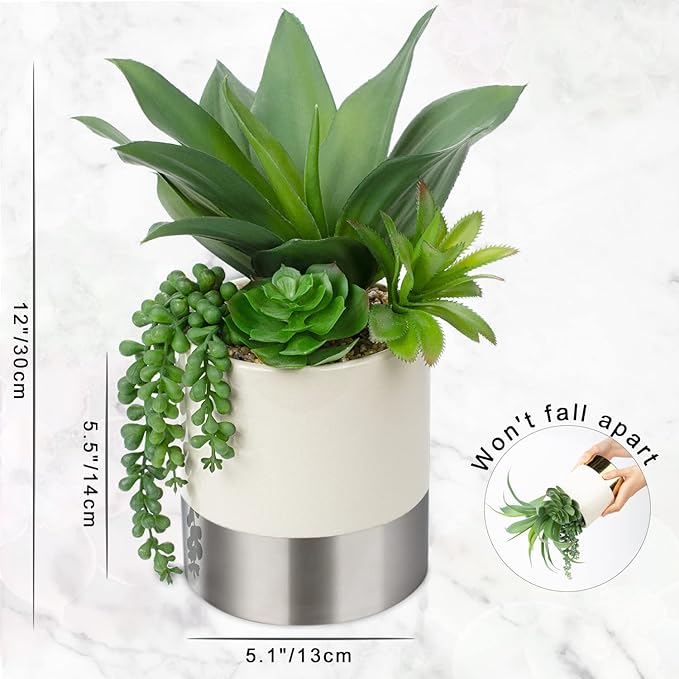 Hollyone Large Artificial Succulents Plants Faux Succulents 12" Fake Succulent Plants in Sliver Ceramic Pot Succulent Plant for Desk Modern Home Living Room Office Table Shelf Decor