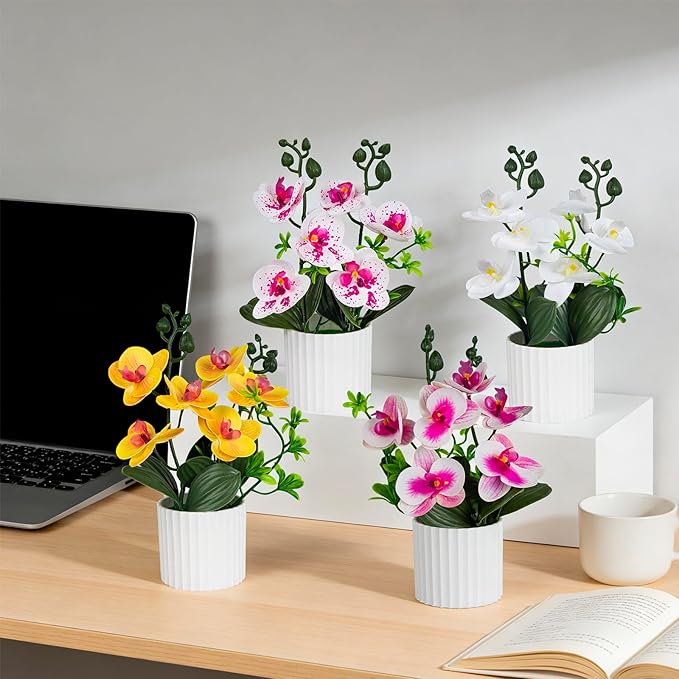 4Pcs Fake Orchids Artificial Flowers Washable Phalaenopsis Orchids Flowers in Pot for Home Wedding Table Centerpiece Bathroom Office Decoration (White & Purple & Yellow)
